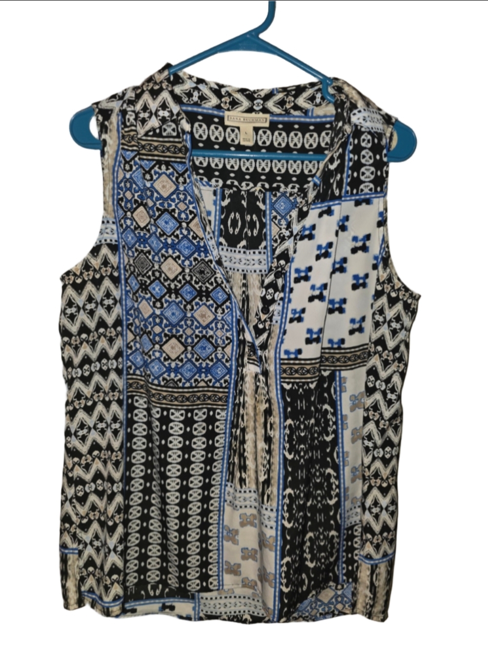 Women's Dana Buchman Sleeveless Blouse Size L Black Blue Patterned boho-chic